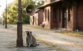 Poetry Slam als Referat: ein Waschbär sitzt unter einem alten Bahnsteiglautsprecher