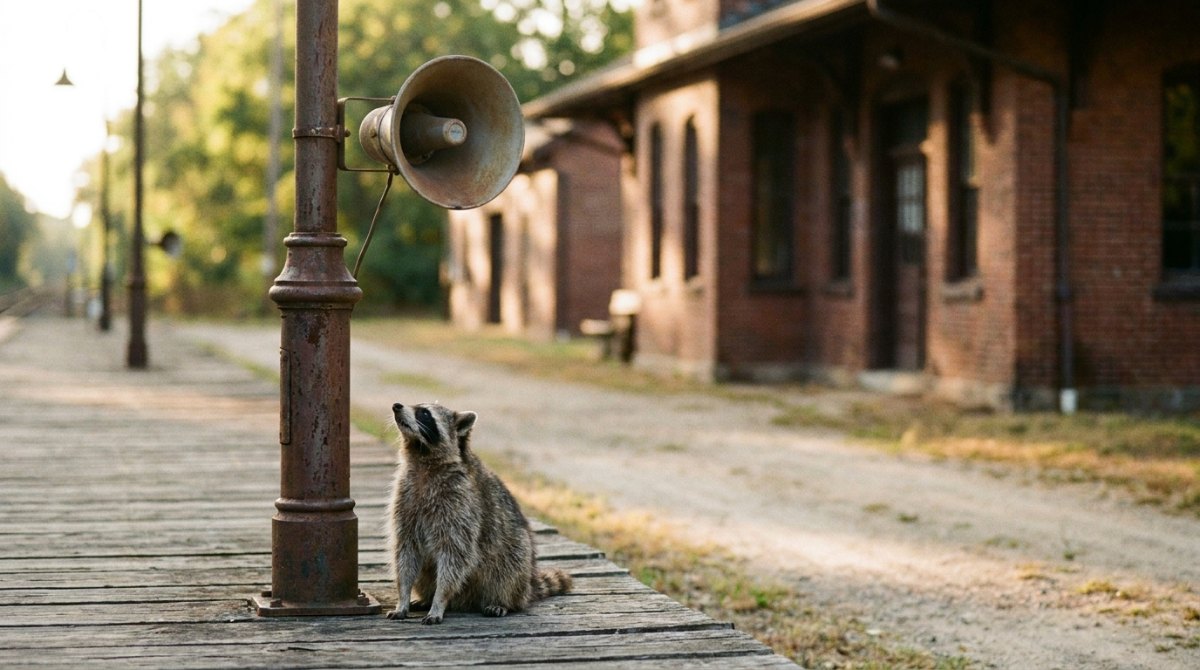 Poetry Slam als Referat: ein Waschbär sitzt unter einem alten Bahnsteiglautsprecher