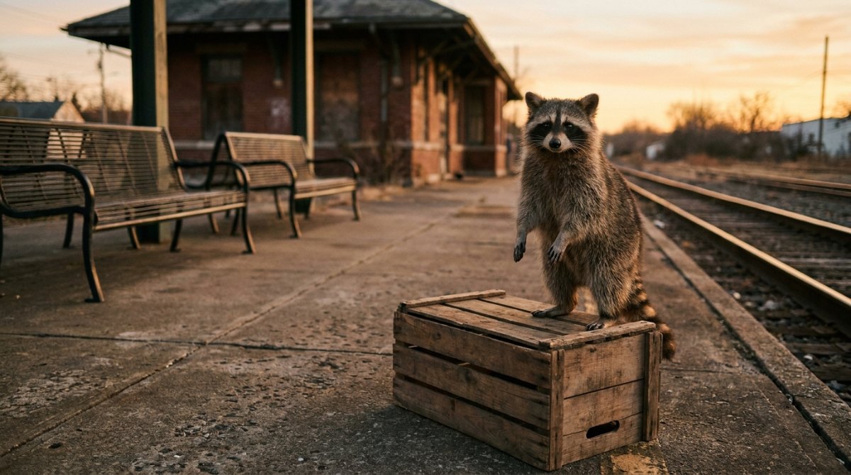 Ein Waschbär steht auf einer Holzkiste mitten auf dem leeren Bahnsteig, als wolle er eine Rede halten