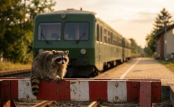 Waschbär auf dem Prellbock am Ende eines Stumpfgleises, dahinter wartet der Wendezug – der Refrain im Text kommt wieder
