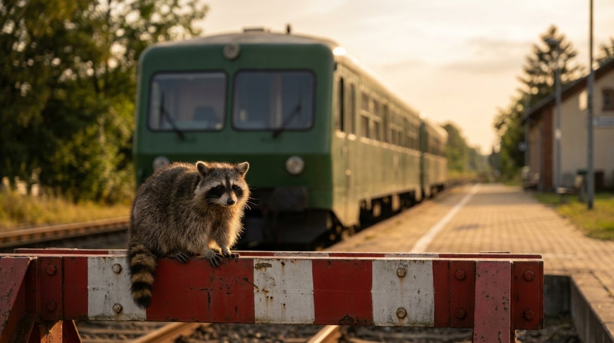 Waschbär auf dem Prellbock am Ende eines Stumpfgleises, dahinter wartet der Wendezug – der Refrain im Text kommt wieder