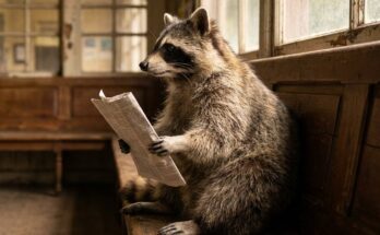 Waschbär liest im Wartesaal eines kleinen Bahnhofs eine Zeitung – ungewöhnliche Regeln für Auftritte als Kleinanzeigen