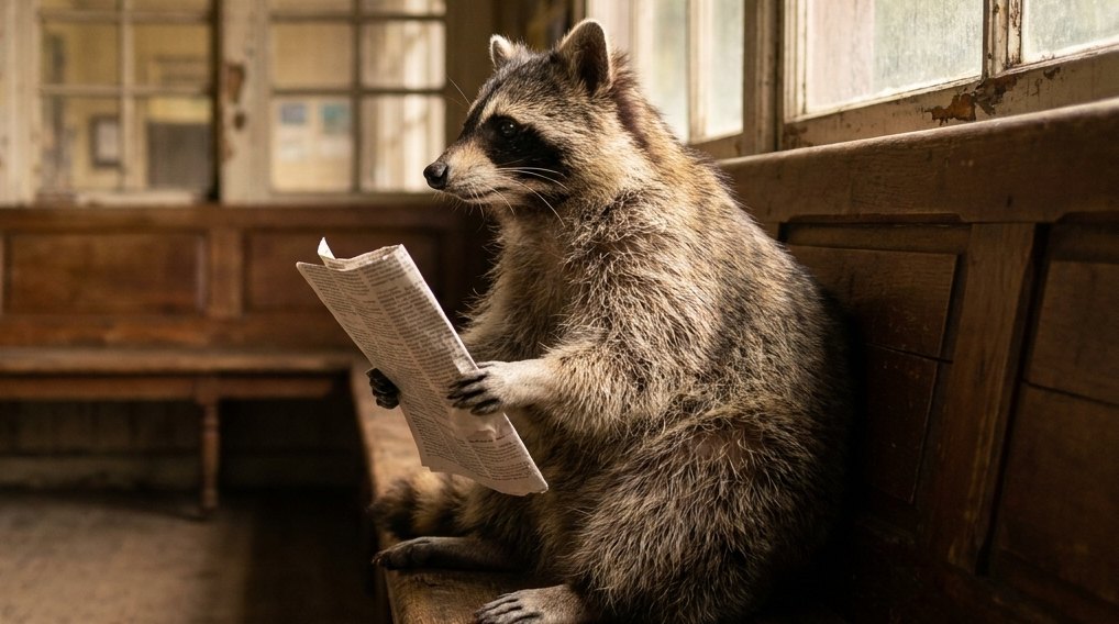 Waschbär liest im Wartesaal eines kleinen Bahnhofs eine Zeitung – ungewöhnliche Regeln für Auftritte als Kleinanzeigen
