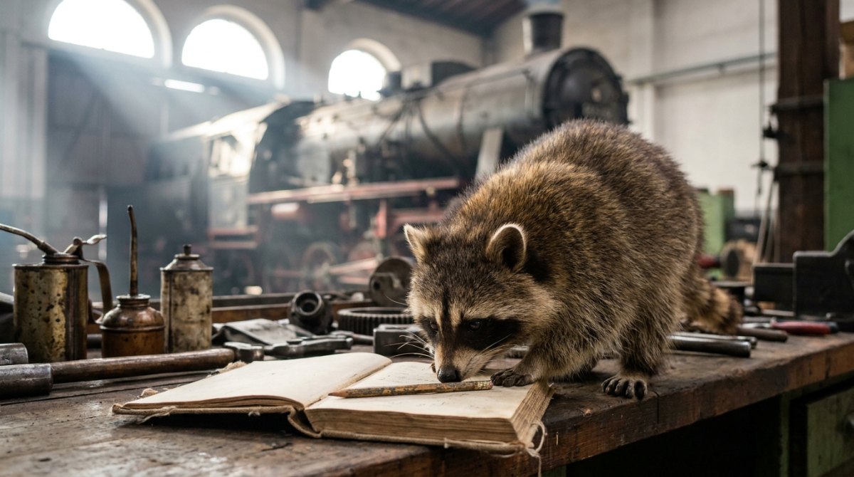 Waschbär beschnuppert ein altes Notizbuch mit Bleistift auf einer Werkbank im Lokschuppen – Regeln für Auftritte aus dem Betriebsbuch