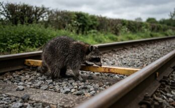 Waschbär untersucht eine gelbe Spurlehre, die quer über beiden Schienen liegt – die Regeln, die ein Slam-Text braucht