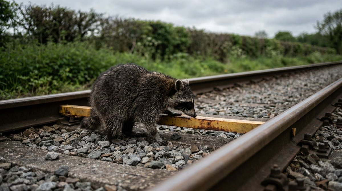 Waschbär untersucht eine gelbe Spurlehre, die quer über beiden Schienen liegt – die Regeln, die ein Slam-Text braucht