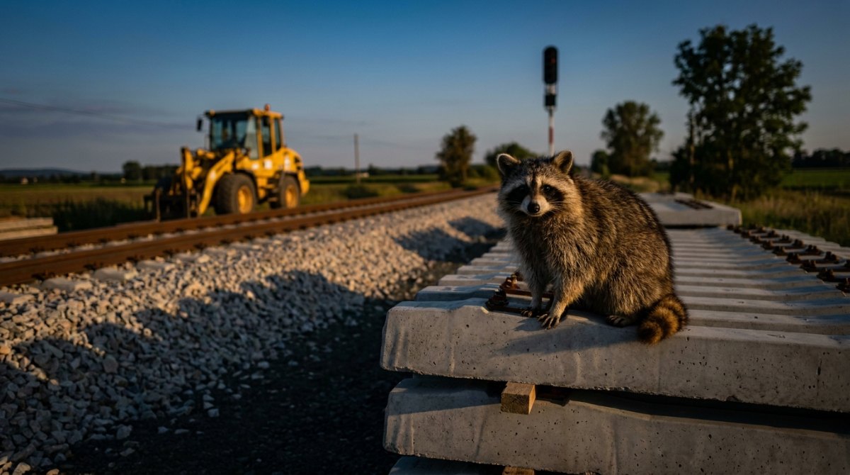 Waschbär sitzt auf einem Stapel neuer Betonschwellen an einer Gleisbaustelle – Regeln für den Slam-Text als Bauteile