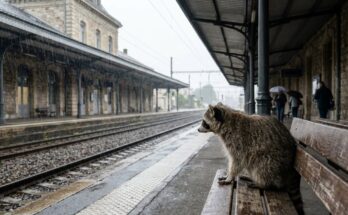Poetry Slam über den Regen: ein Waschbär sitzt trocken unter dem Bahnsteigdach und schaut in den Regen