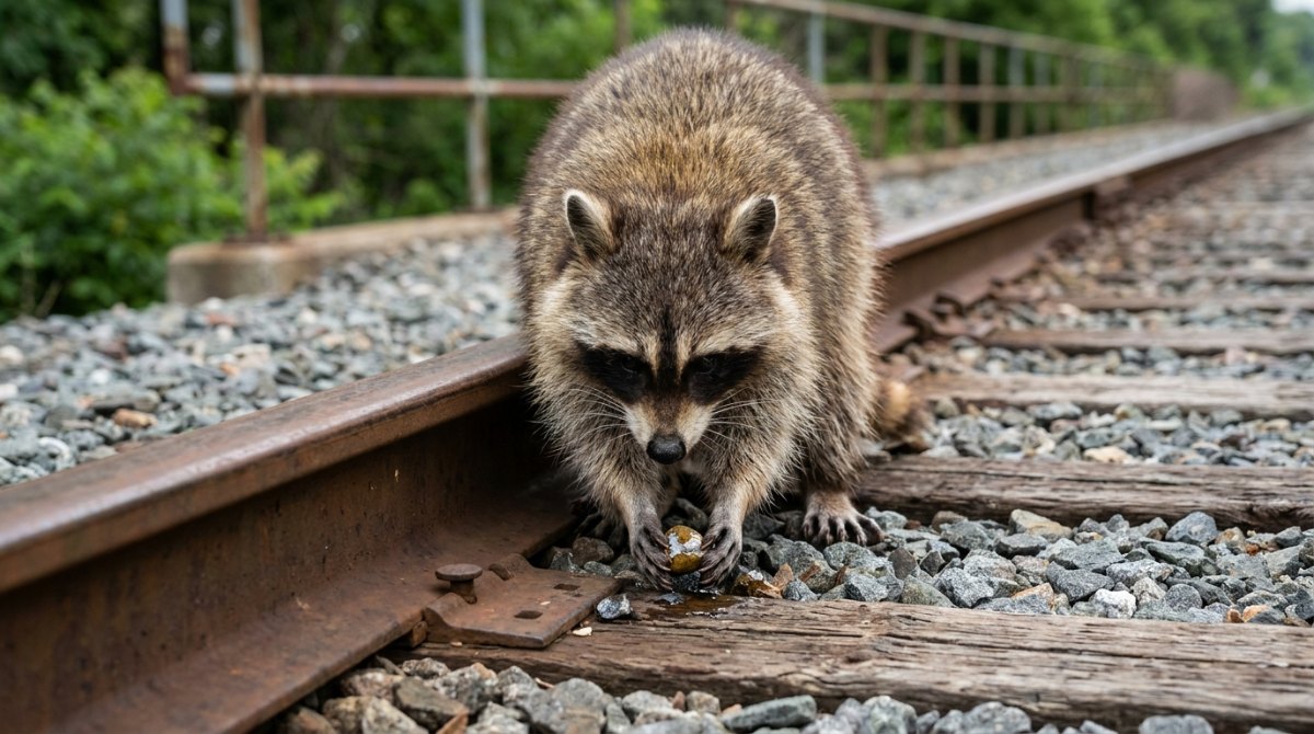 Reime finden: Waschbär sucht im Gleisschotter und hält einen glänzenden Stein
