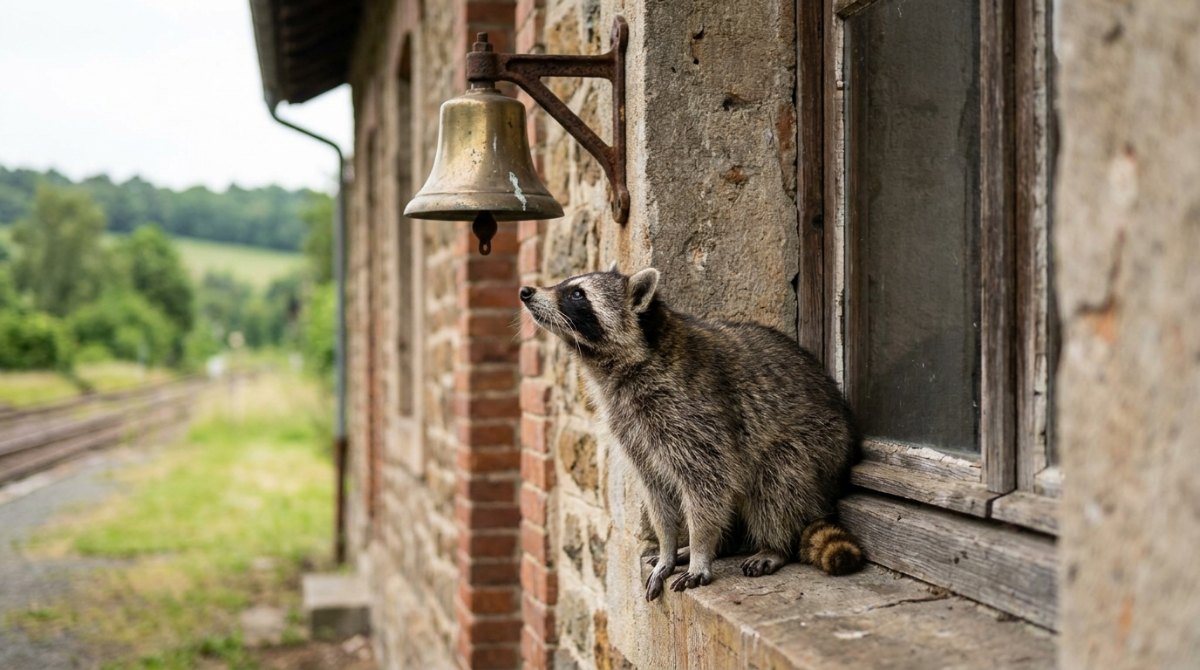 Reime finden: Waschbär schaut zur alten Messingglocke am Bahnhofsgebäude hinauf