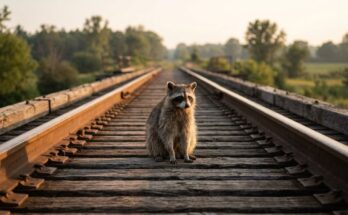 Muss sich ein Poetry Slam reimen: ein Waschbär sitzt auf den gleichmäßigen Schwellen eines geraden Gleises