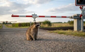 Waschbär wartet vor einer geschlossenen Bahnschranke – Sinnbild fürs Reime weglassen im Poetry Slam