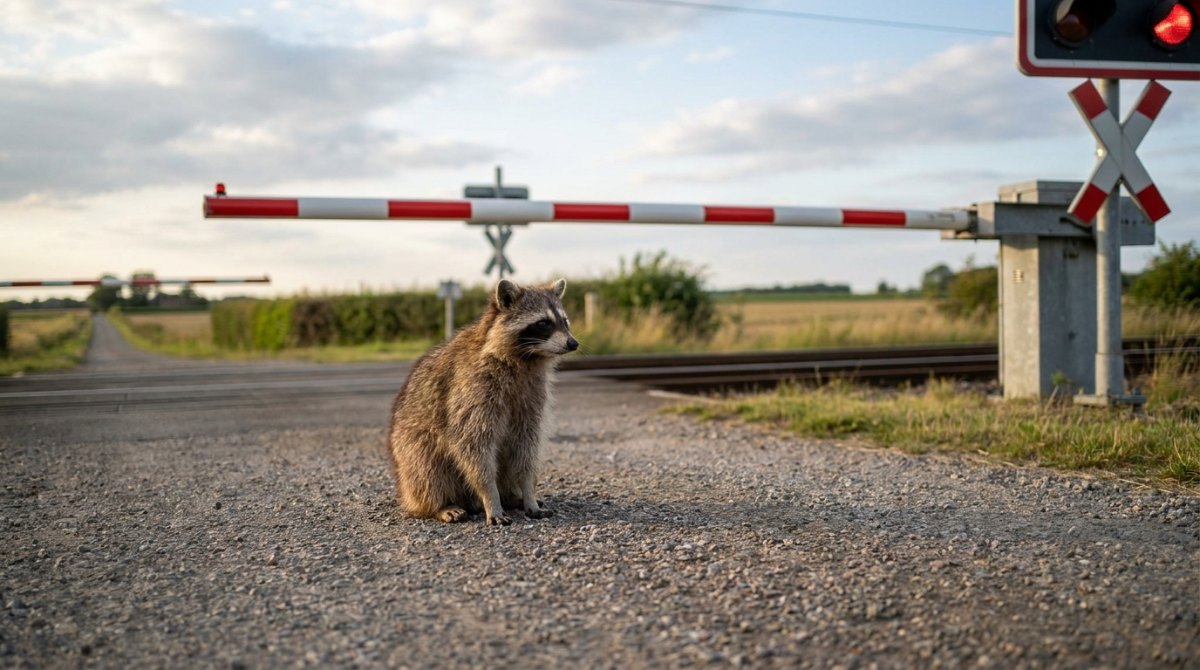 Waschbär wartet vor einer geschlossenen Bahnschranke – Sinnbild fürs Reime weglassen im Poetry Slam
