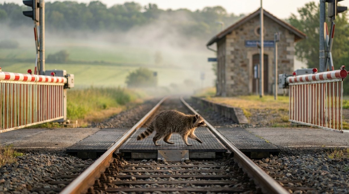 Waschbär läuft über einen Bahnübergang – Reime weglassen und frei weiterschreiben