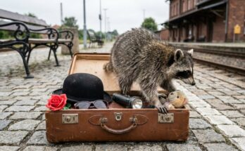 Poetry Slam Requisiten: Ein Waschbär klettert aus einem Koffer voller Requisiten auf dem Bahnsteig