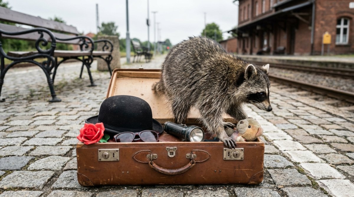 Poetry Slam Requisiten: Ein Waschbär klettert aus einem Koffer voller Requisiten auf dem Bahnsteig