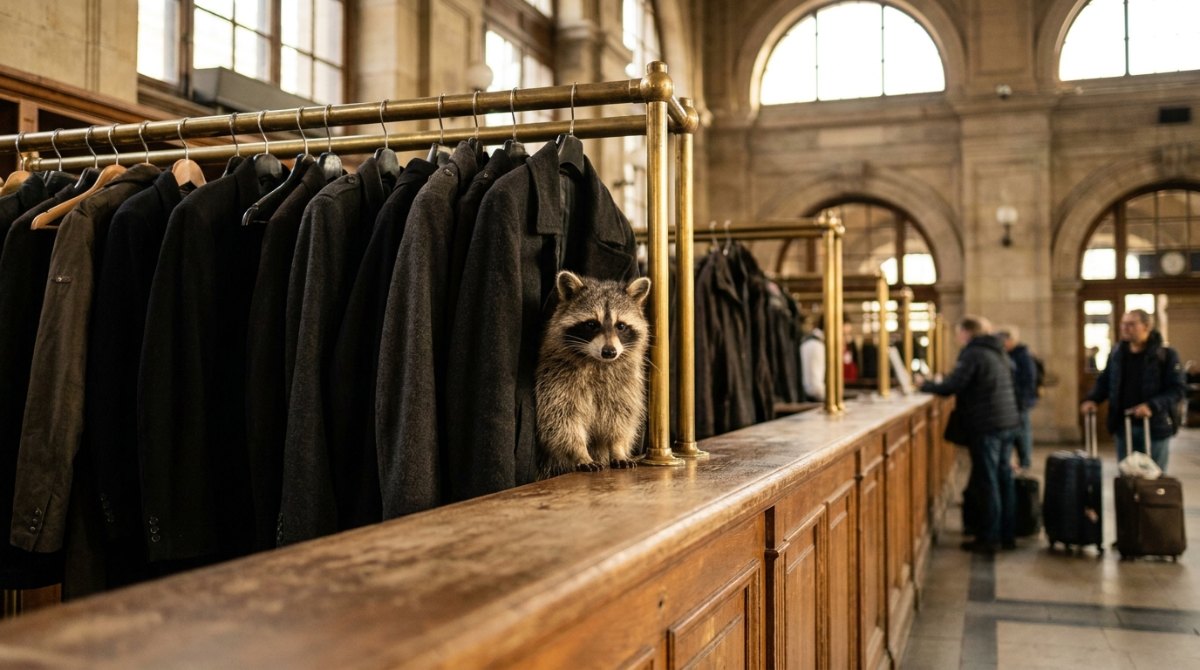 Poetry Slam Requisiten: Ein Waschbär zwischen Mänteln an der Garderobe einer Bahnhofshalle