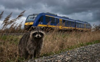 Resilienz trainieren wie das Schilfrohr: Waschbär im Schilf am Bahndamm, dahinter ein Regionalzug unter Sturmwolken
