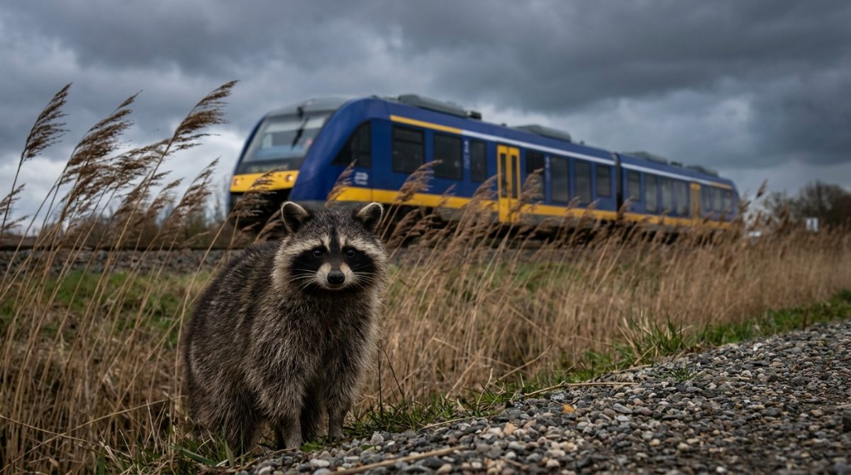 Resilienz trainieren wie das Schilfrohr: Waschbär im Schilf am Bahndamm, dahinter ein Regionalzug unter Sturmwolken