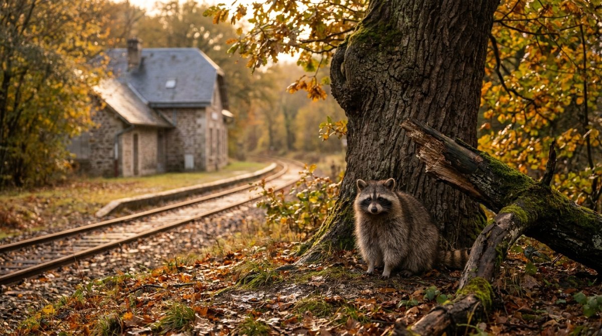 Resilienz trainieren: Waschbär am Fuß einer alten Eiche mit abgebrochenem Ast an einer Nebenbahn im Herbst
