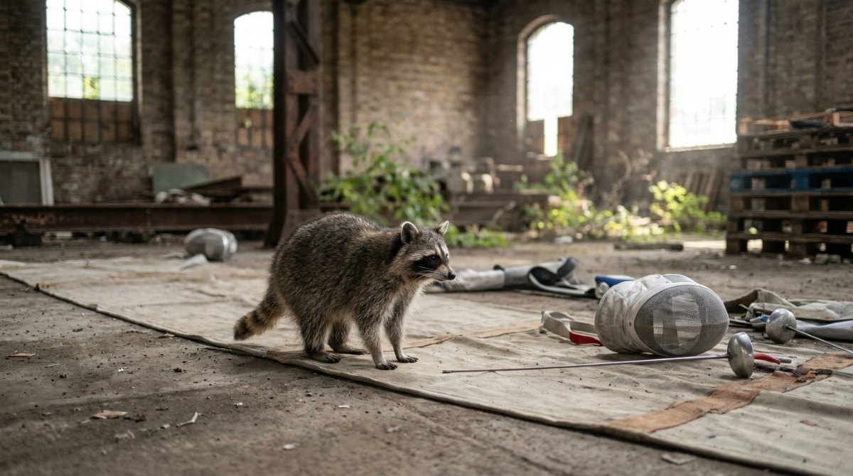 Rhetorik: Ein Waschbär auf einer Fechtbahn in einem alten Güterschuppen