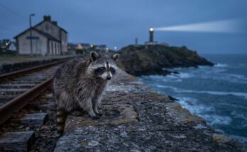 Rhetorische Pause: Waschbär auf der Kaimauer an der Küstenbahn, im Hintergrund ein Leuchtturm mit Lichtstrahl