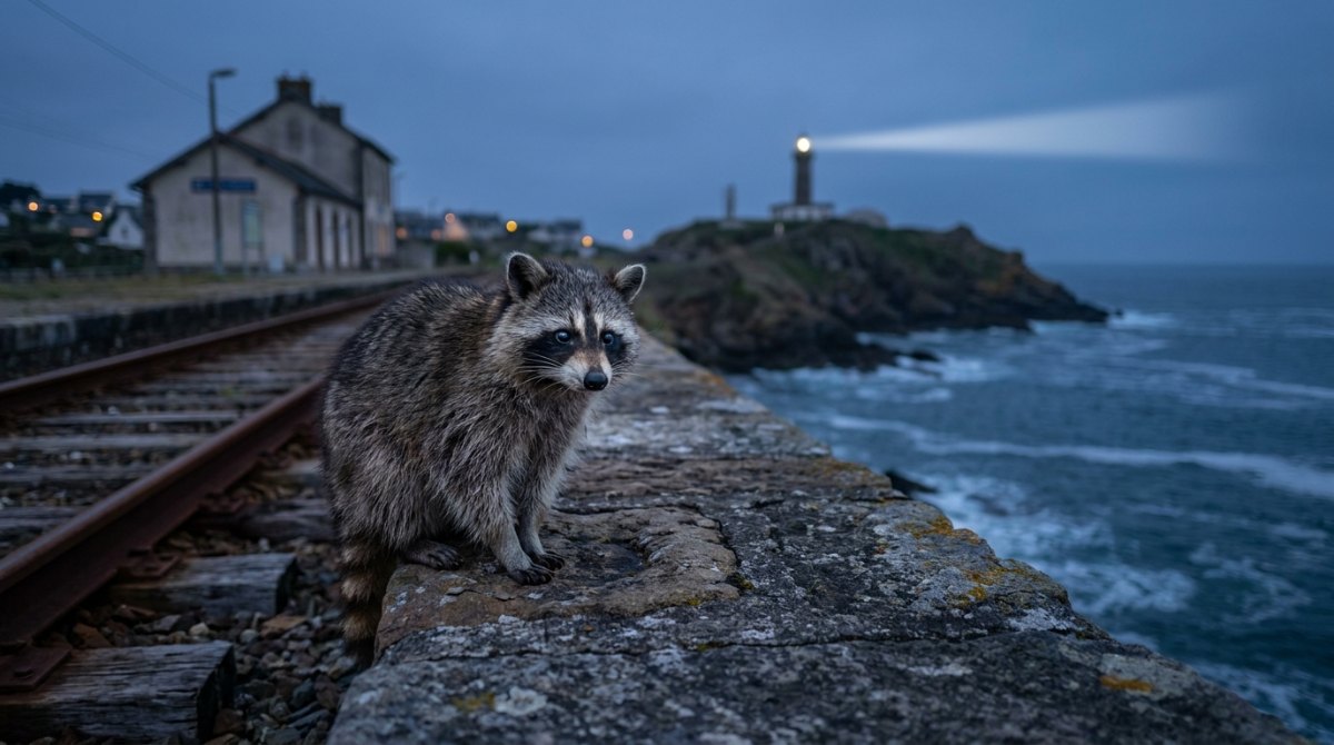Rhetorische Pause: Waschbär auf der Kaimauer an der Küstenbahn, im Hintergrund ein Leuchtturm mit Lichtstrahl