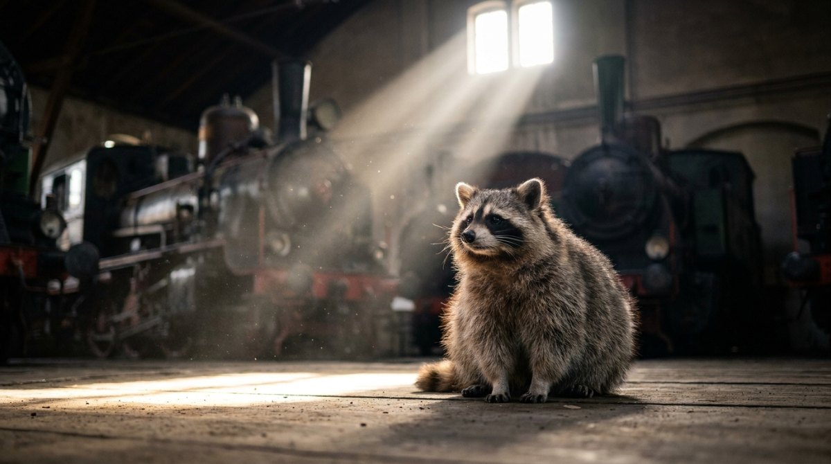 Rhetorische Pause: Waschbär sitzt still in einer Eisenbahnmuseumshalle zwischen alten Dampfloks im Lichtstrahl
