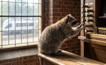 Rhetorische Stilmittel: Waschbär zieht ein Register am Orgelspieltisch neben der Bahnstrecke