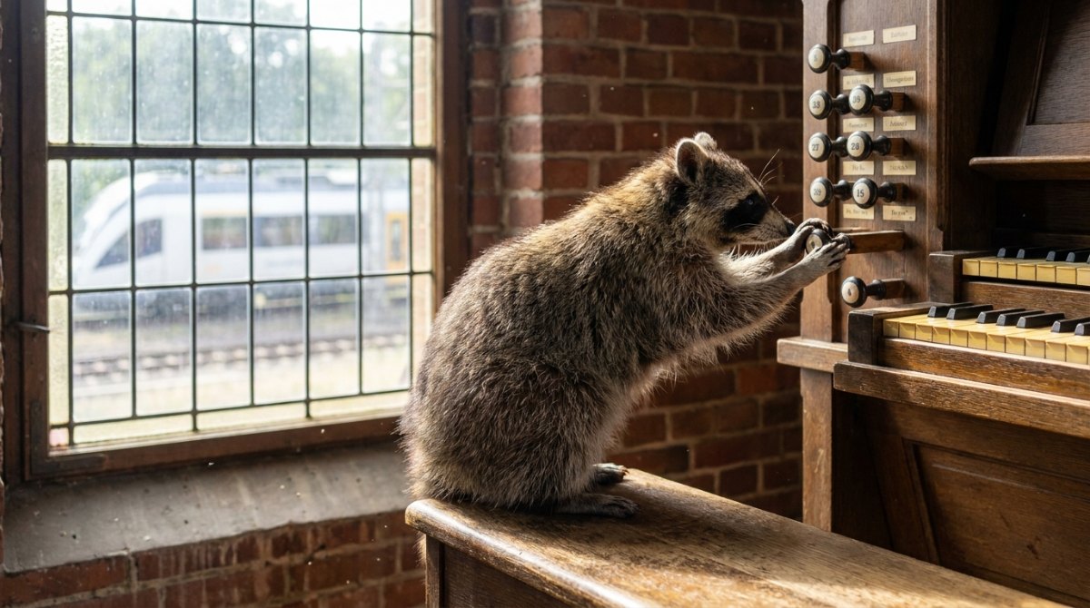 Rhetorische Stilmittel: Waschbär zieht ein Register am Orgelspieltisch neben der Bahnstrecke
