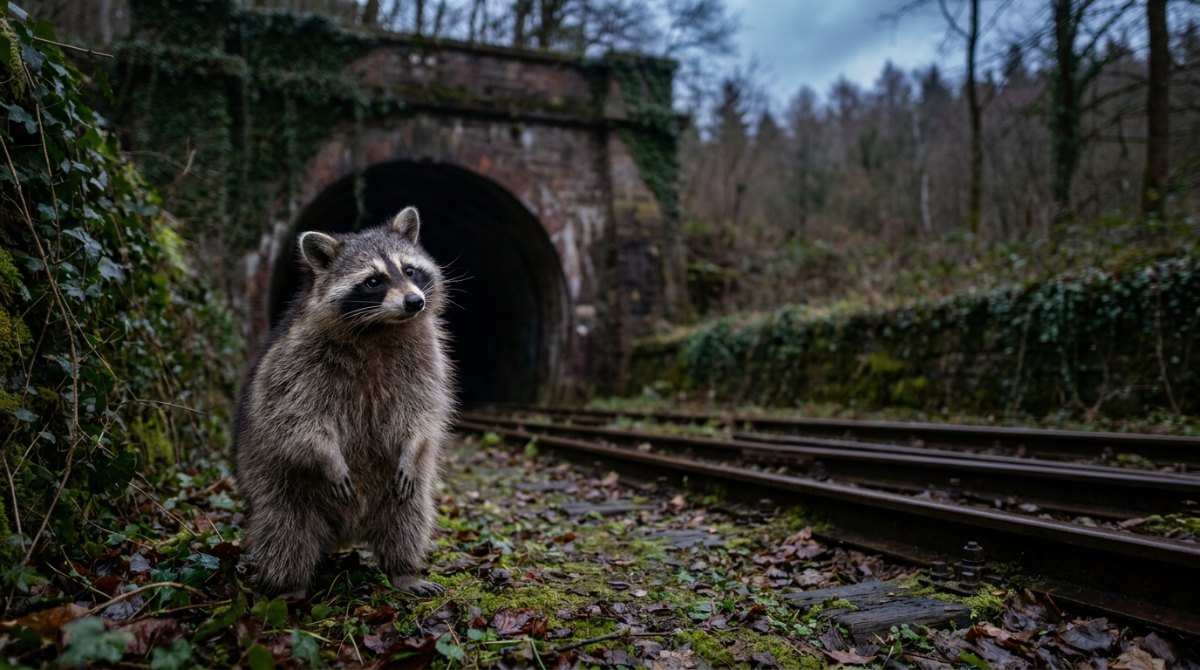 Waschbär lauscht am Eingang eines alten Eisenbahntunnels – rhetorische Stilmittel wie ein Echo