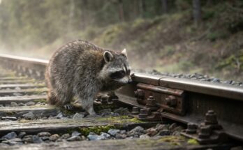 Waschbär lauscht an der Schiene neben einem verschraubten Schienenstoß im Morgennebel – Rhythmus im Text
