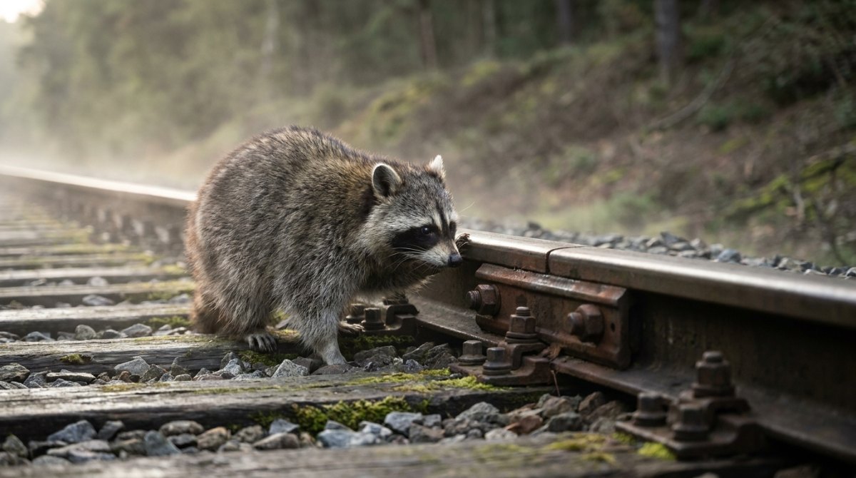 Waschbär lauscht an der Schiene neben einem verschraubten Schienenstoß im Morgennebel – Rhythmus im Text