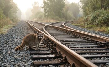 Rhythmuswechsel: Waschbär an einer Weiche, an der sich das Gleis teilt