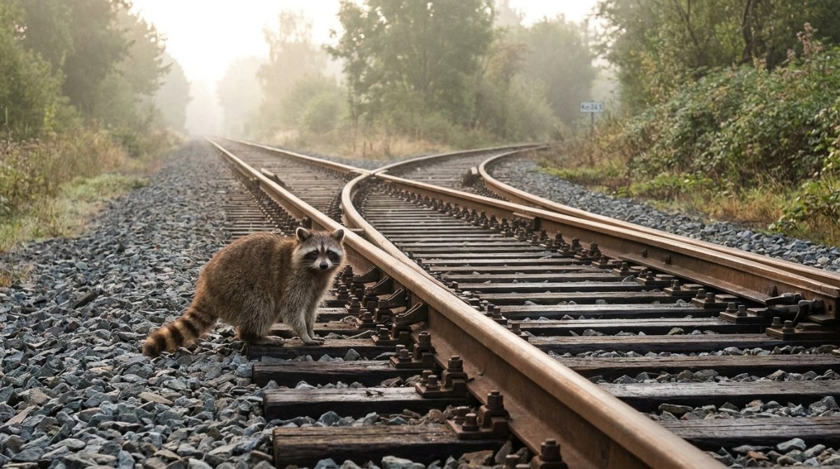 Rhythmuswechsel: Waschbär an einer Weiche, an der sich das Gleis teilt