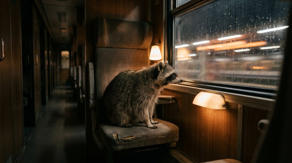 Rhythmuswechsel: Waschbär im Nachtzug am Fenster mit vorbeiziehenden Lichtern