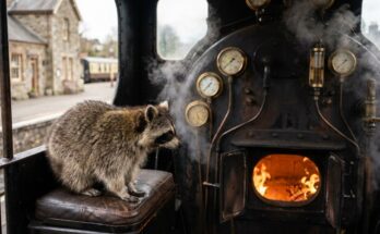 Richtig atmen beim Sprechen: Waschbär im Führerstand einer Dampflok vor Feuerbüchse und Manometern