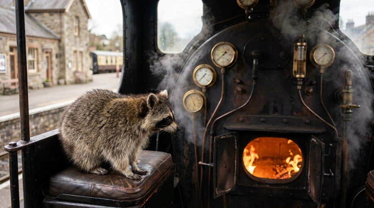 Richtig atmen beim Sprechen: Waschbär im Führerstand einer Dampflok vor Feuerbüchse und Manometern