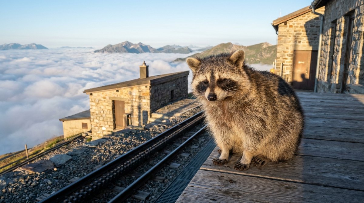 Richtig atmen beim Sprechen: Waschbär sitzt ruhig an der Bergstation einer Zahnradbahn über dem Wolkenmeer