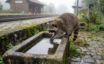 Rituale vor dem Auftritt: ein Waschbär wäscht im Morgennebel seine Pfoten in einem steinernen Trog an einem kleinen Landbahnhof