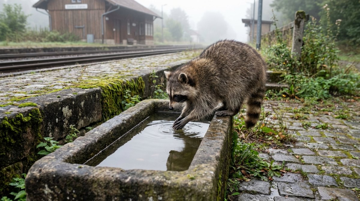 Rituale vor dem Auftritt: ein Waschbär wäscht im Morgennebel seine Pfoten in einem steinernen Trog an einem kleinen Landbahnhof