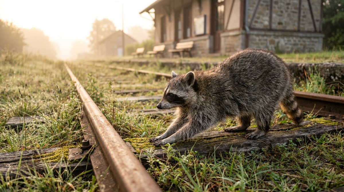 Ein Waschbär streckt sich im Sonnenaufgang auf einer alten Holzschwelle an einem stillen Gleis