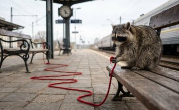 Roter Faden: Waschbär hält einen roten Wollfaden auf einer Bahnsteigbank
