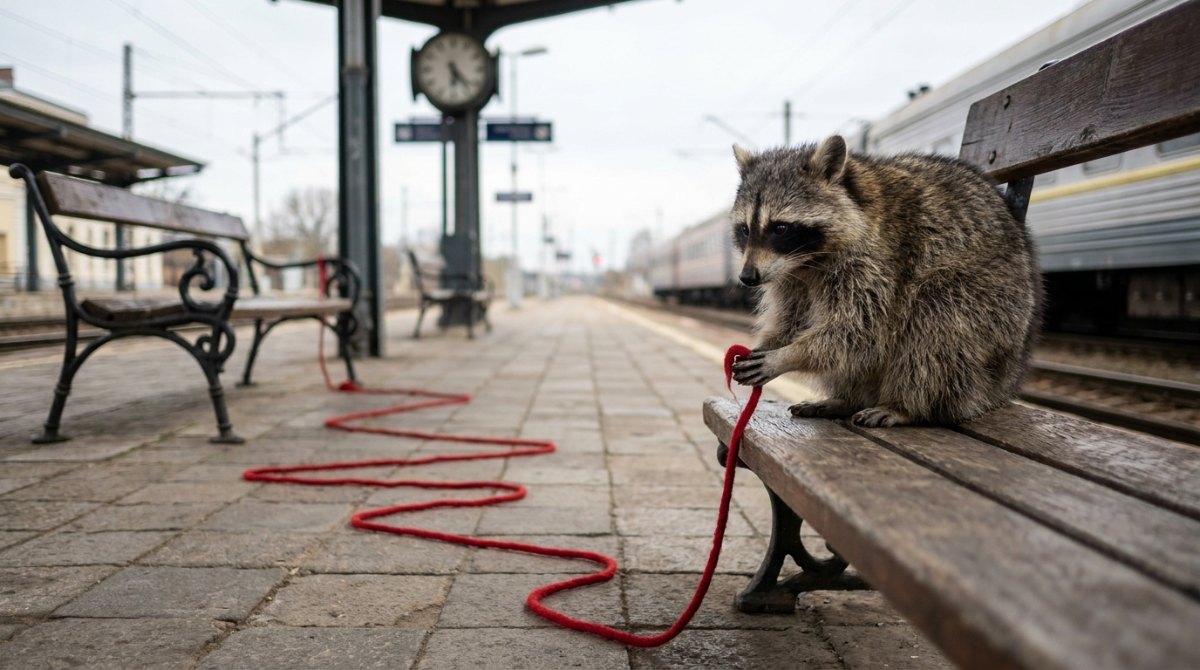 Roter Faden: Waschbär hält einen roten Wollfaden auf einer Bahnsteigbank