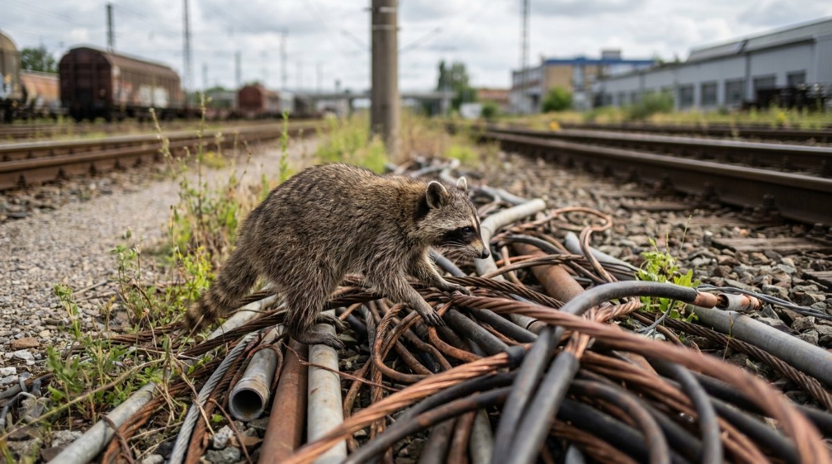 Roter Faden oder Chaos: Waschbär klettert über ein Kabelgewirr am Güterbahnhof