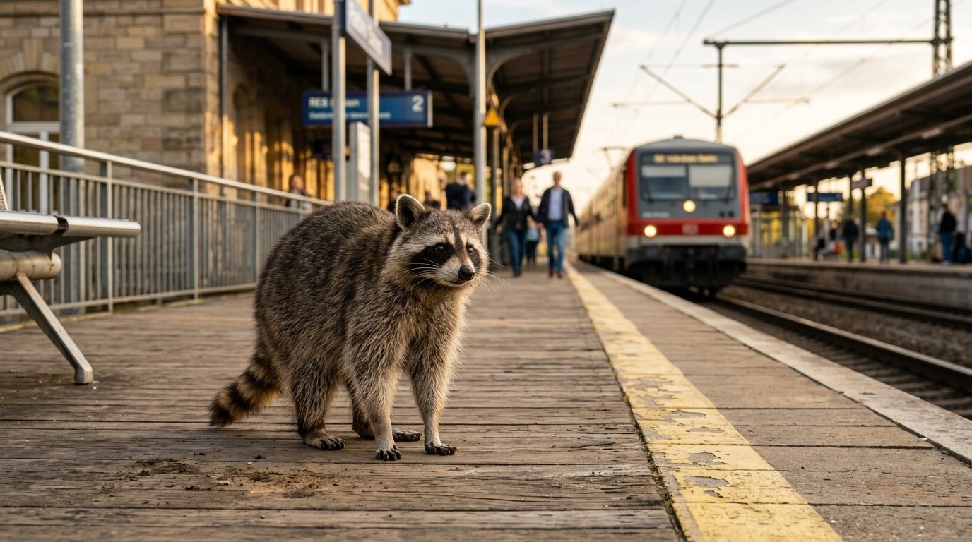 Ein Waschbär steht selbstbewusst im warmen Nachmittagslicht auf einem Bahnsteig.