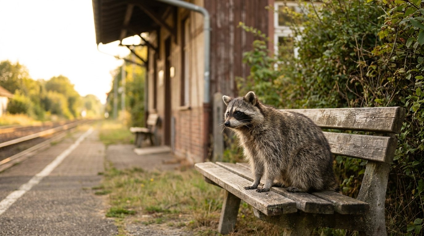 Ein Waschbär sitzt entspannt auf einer Bank in der warmen Nachmittagssonne am Bahnhof.