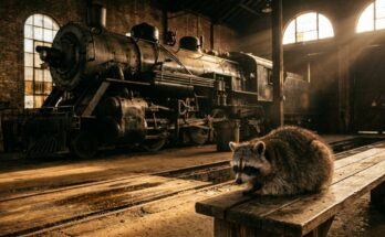 Poetry Slam zum Ruhestand: ein alter Waschbär ruht auf einer Holzbank im Lokschuppen vor einer Dampflok