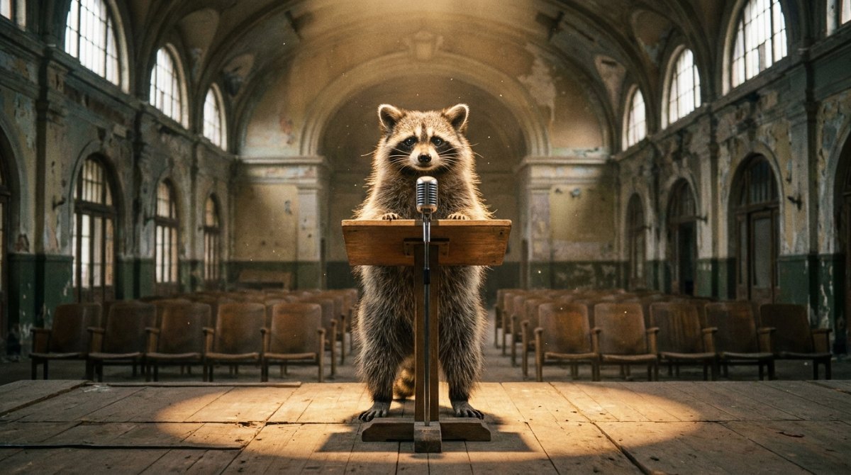 Waschbär steht an einem Rednerpult mit altem Mikrofon in einer leeren Bahnhofshalle – Sätze, die du auf der Bühne nie sagen solltest