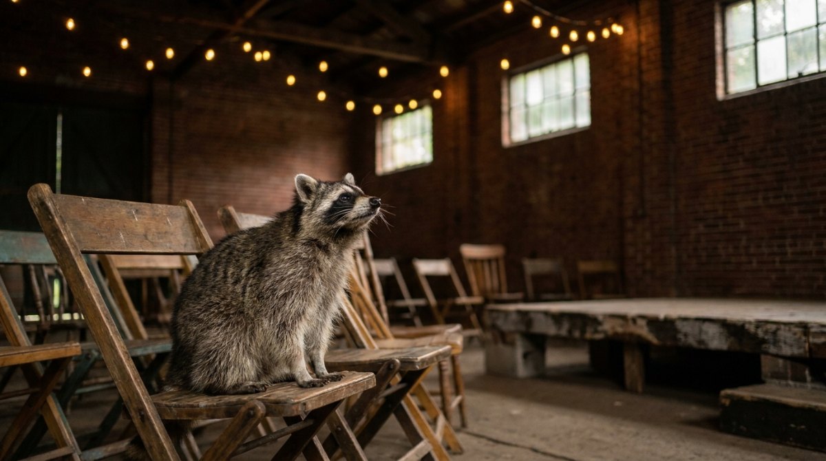 Waschbär sitzt in der ersten Reihe eines Güterschuppens vor einer leeren Bühne – Sätze, die man auf der Bühne nie sagen sollte